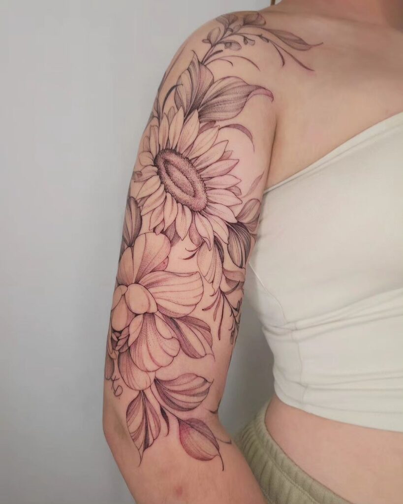 Fine-Line Sunflower Sleeve Tat