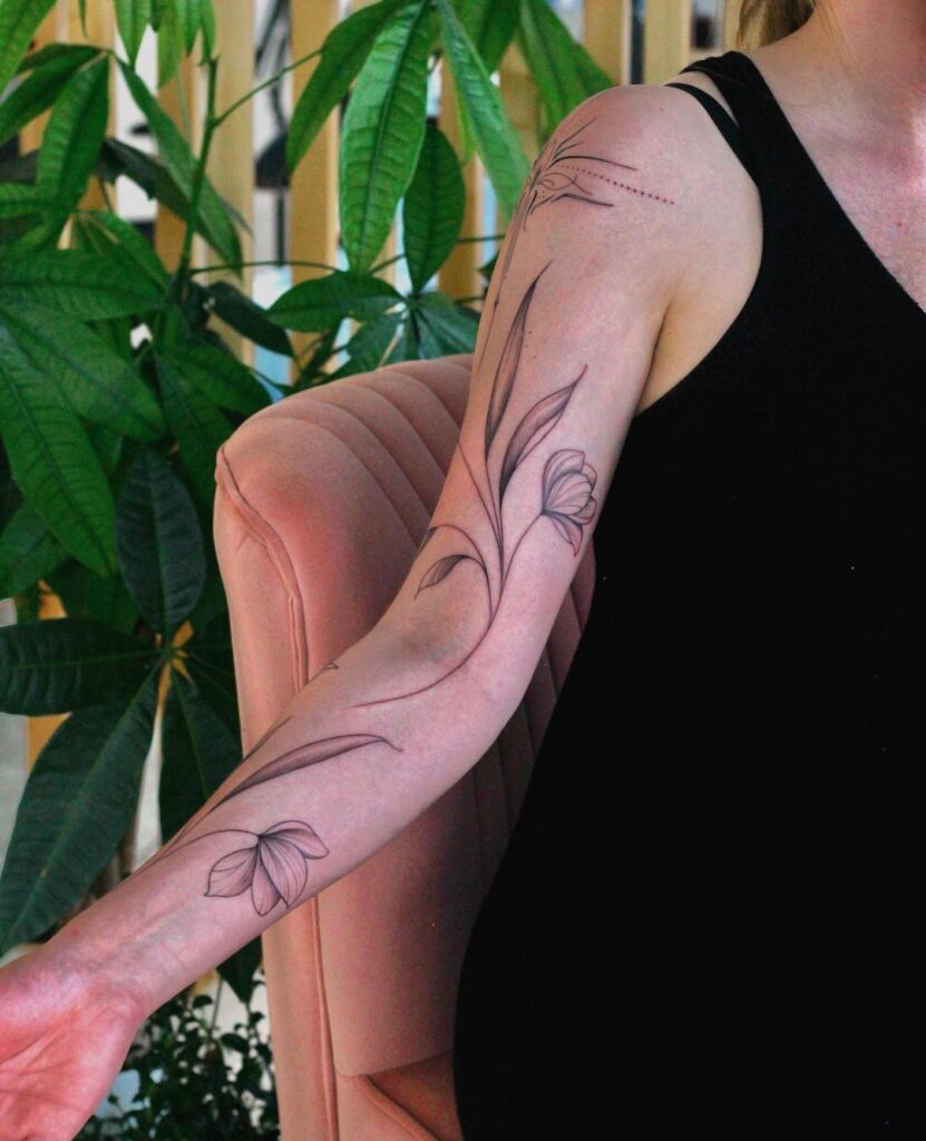 Fine Line Tulips Sleeve Tattoo