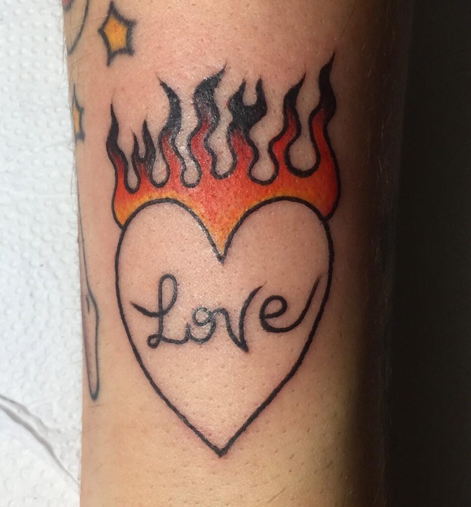 Fire Heart Tattoo With Script