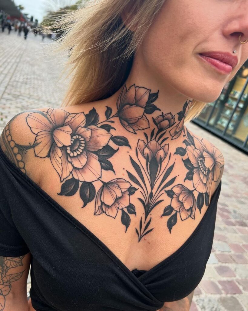 Floral Chest And Neck Tattoo