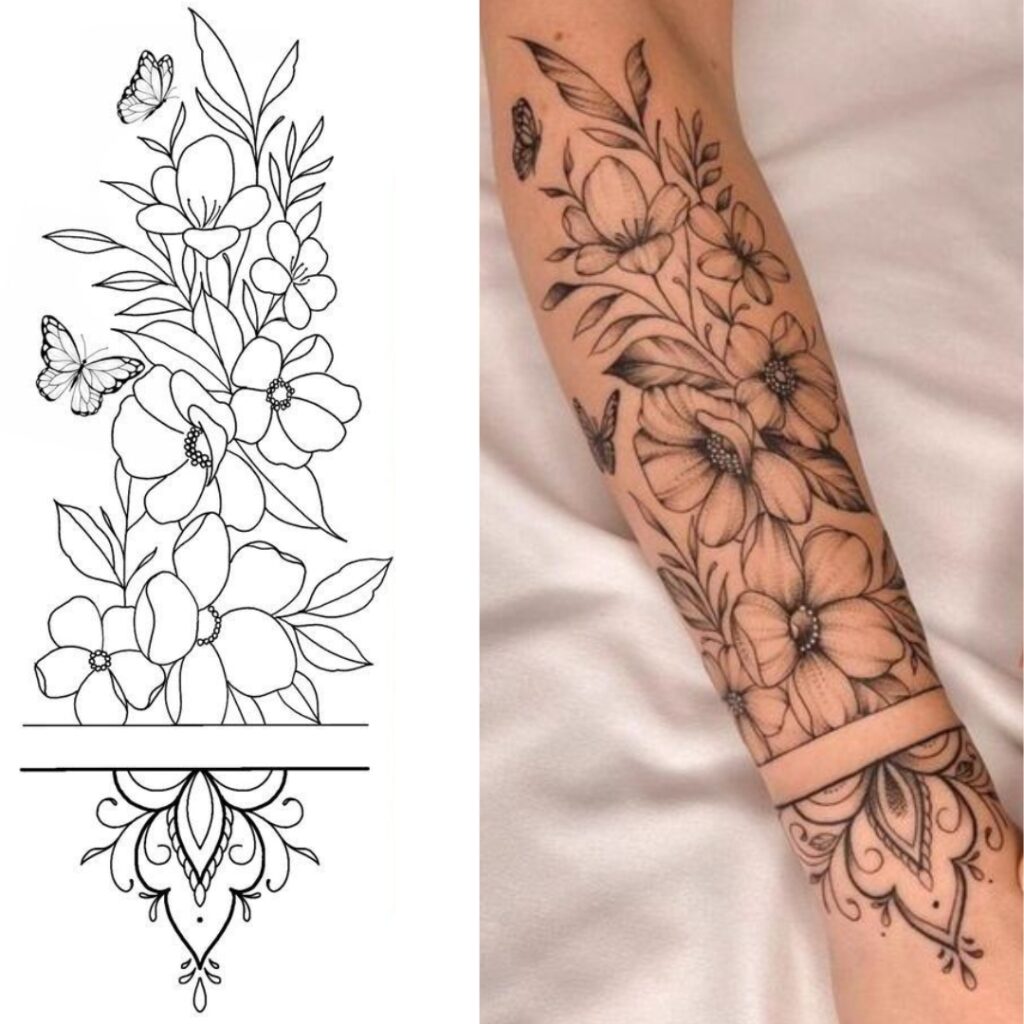 Tatuagem floral de meia-manga