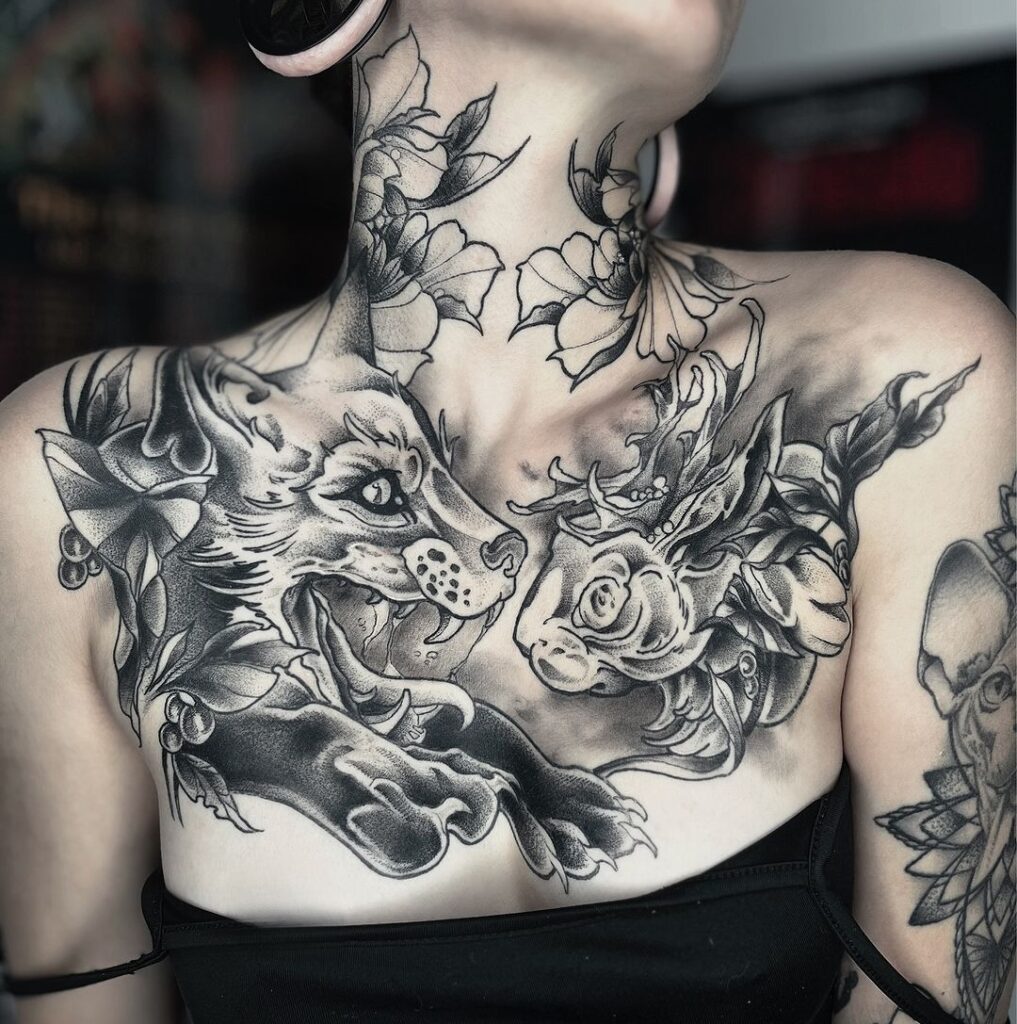 Fox & Rabbit Chest And Neck Tattoo