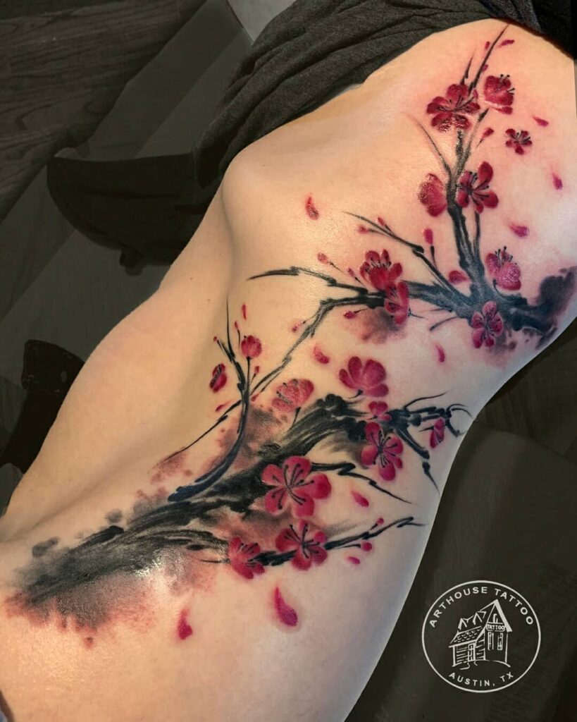 Tatuaje de cerezos en flor a mano alzada