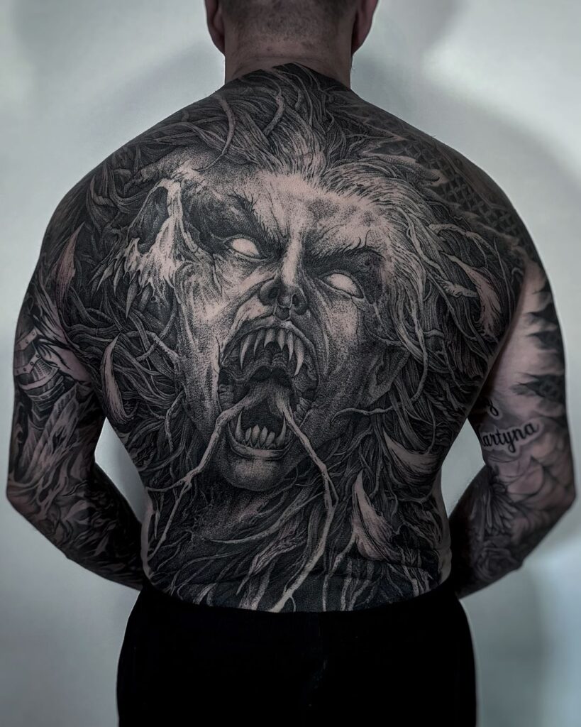 Freehand Horror Back Tattoo