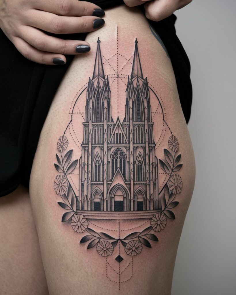 Tatuaje geométrico de catedral gótica en el muslo