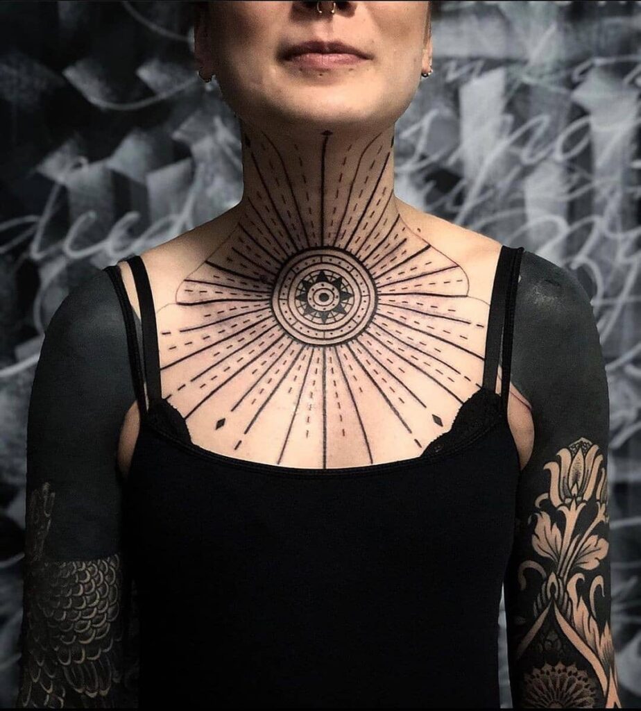 Geometric Neck And Chest Tattoo