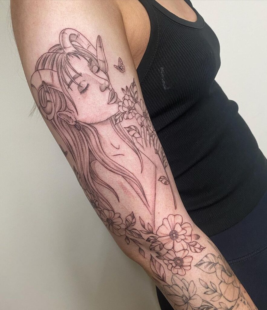 Goddess & Florals Fine Line Sleeve Tattoo