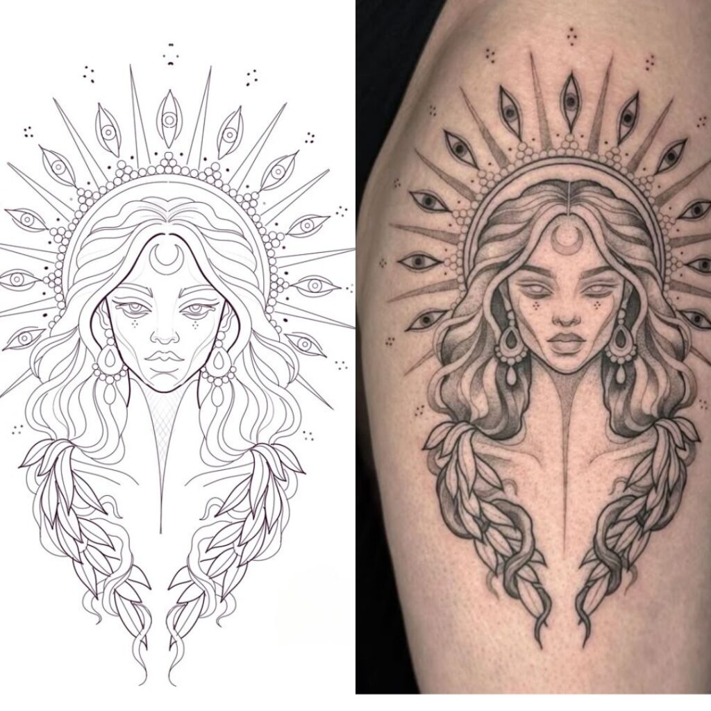 Tatuagem de Deusa em meia-manga