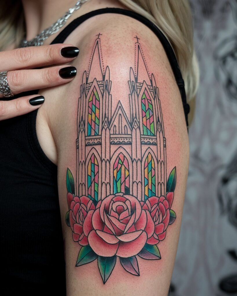 Tatuagem de catedral gótica com rosas