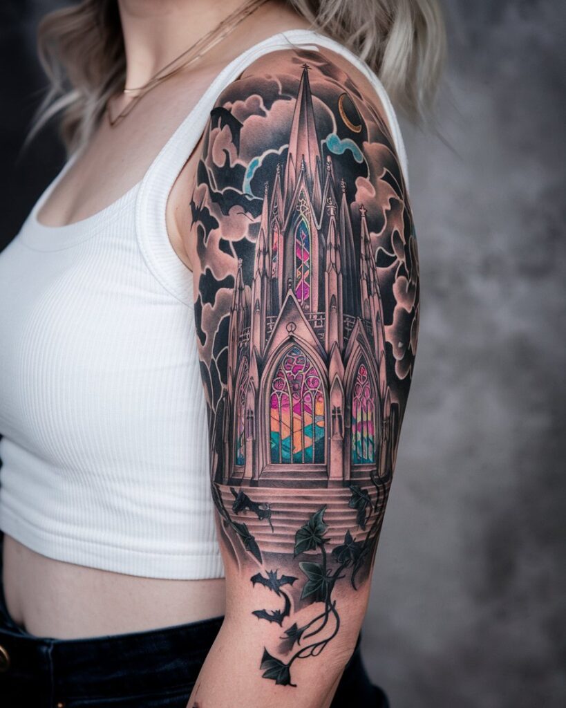 Tatuagem de catedral gótica de meia manga