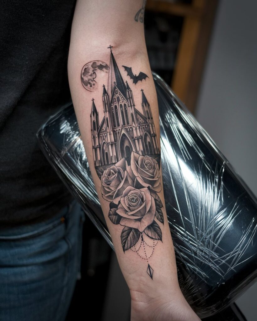 Inner Forearm Gothic Cathedral Tattoo