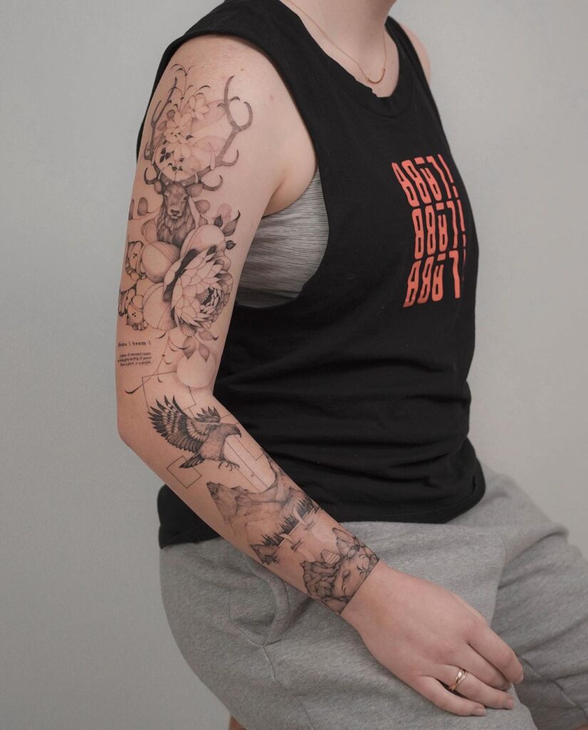 Intricate Fine Line Sleeve Tattoo