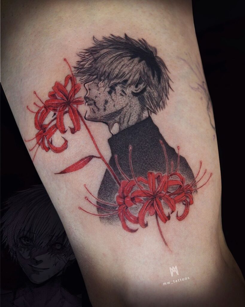 Tatuaje de Kaneki y lirios araña rojos