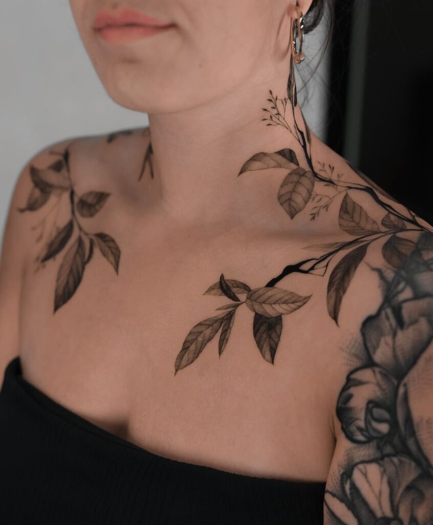 Leaves Chest And Neck Tattoo