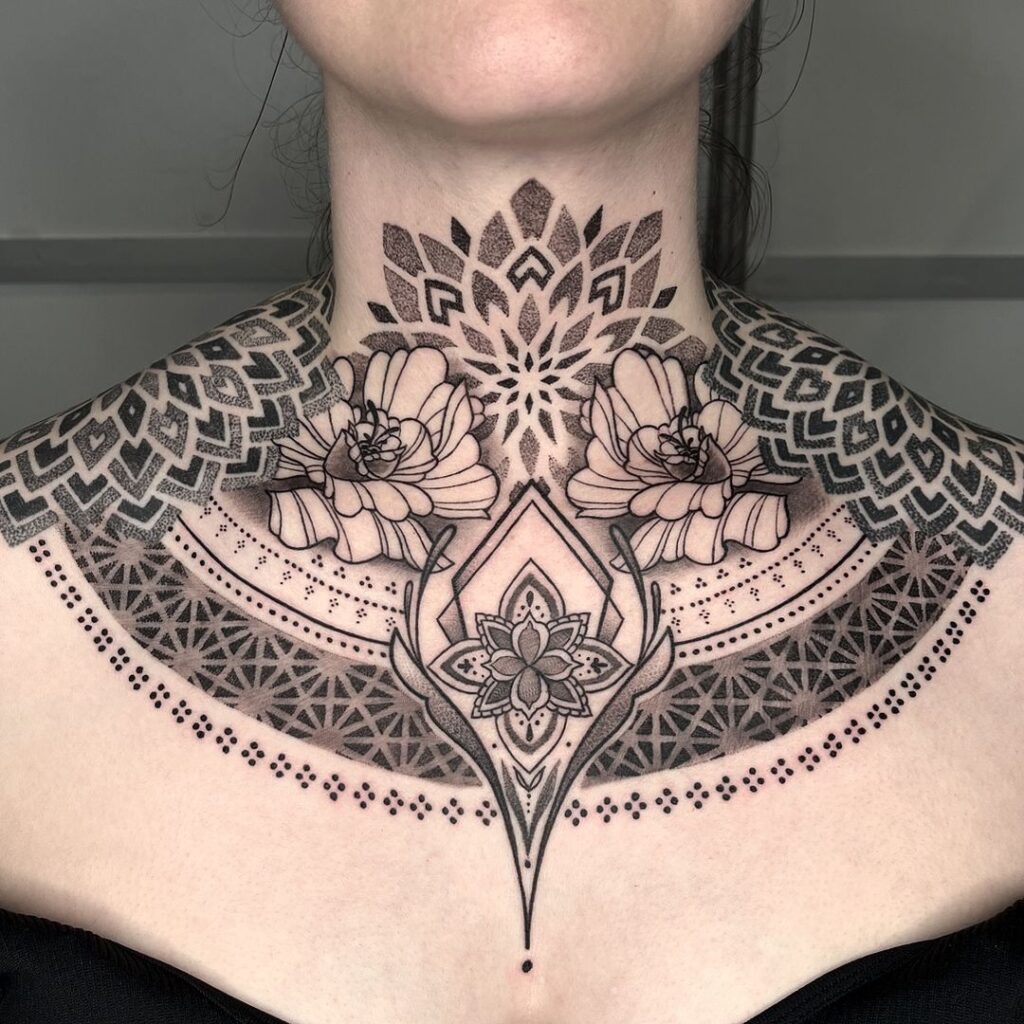 Mandala Chest And Neck Tattoo