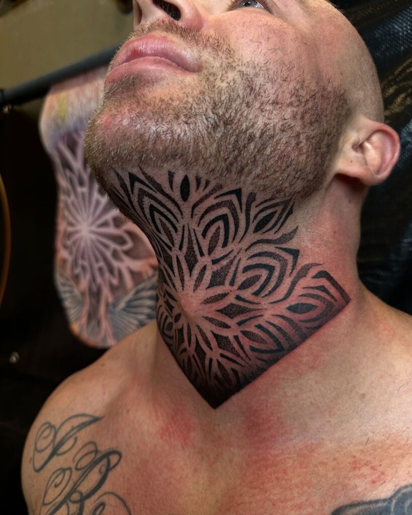 Mandala Neck And Throat Tattoo