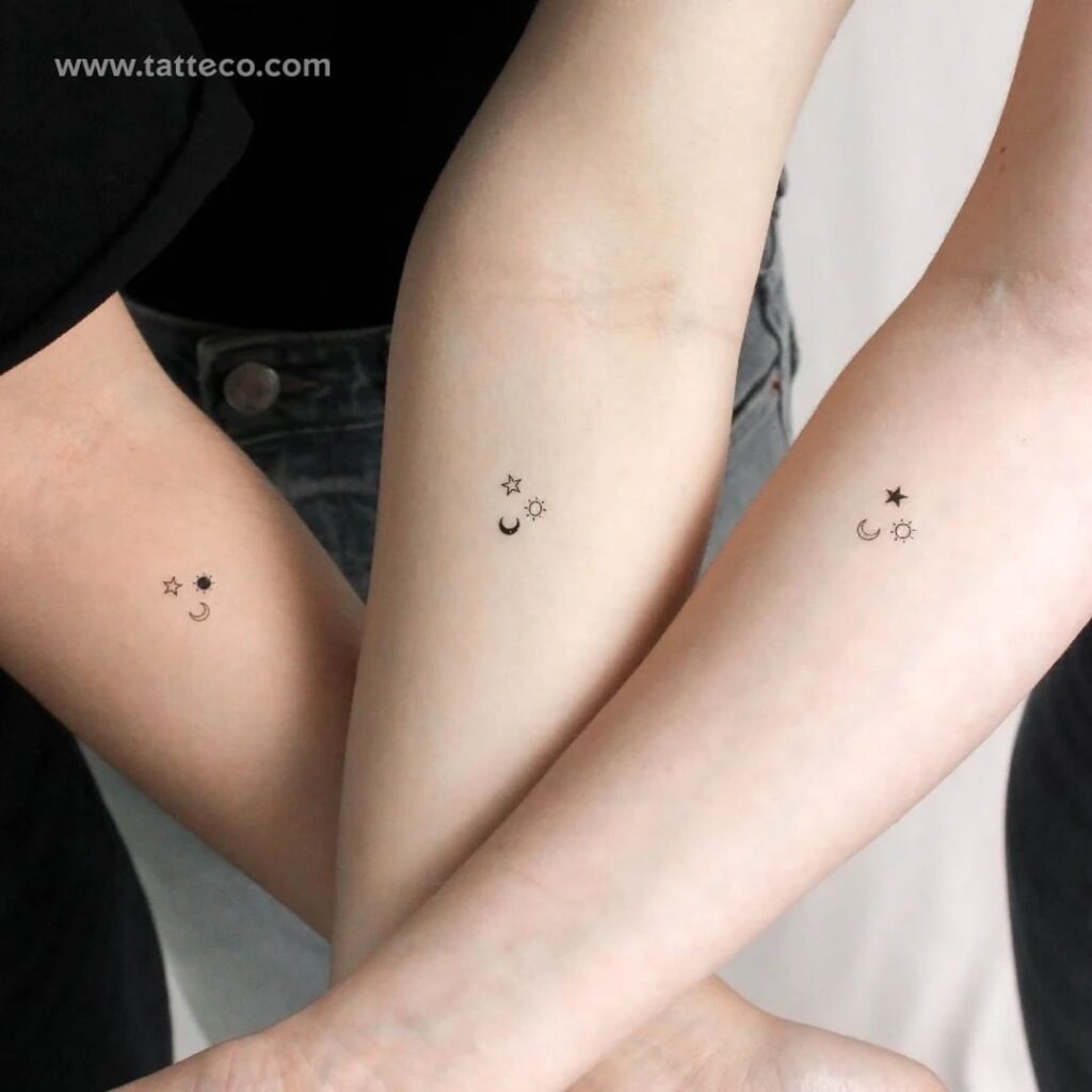  Matching Moon, Star, And Sun Tattoo