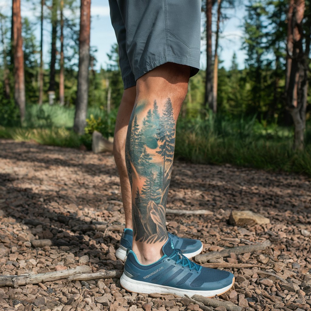 Tatuagem de perna com paisagens naturais