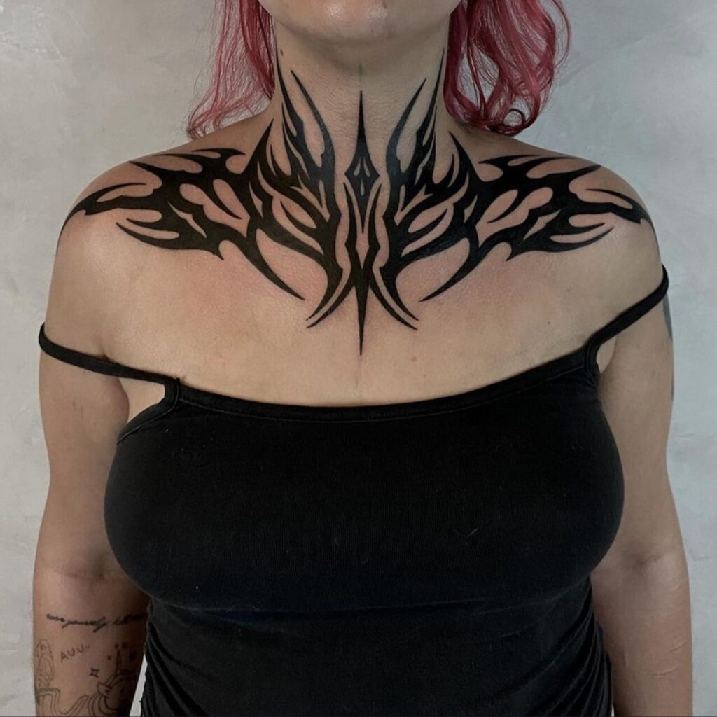 Neo Tribal Neck And Collarbones Tattoo