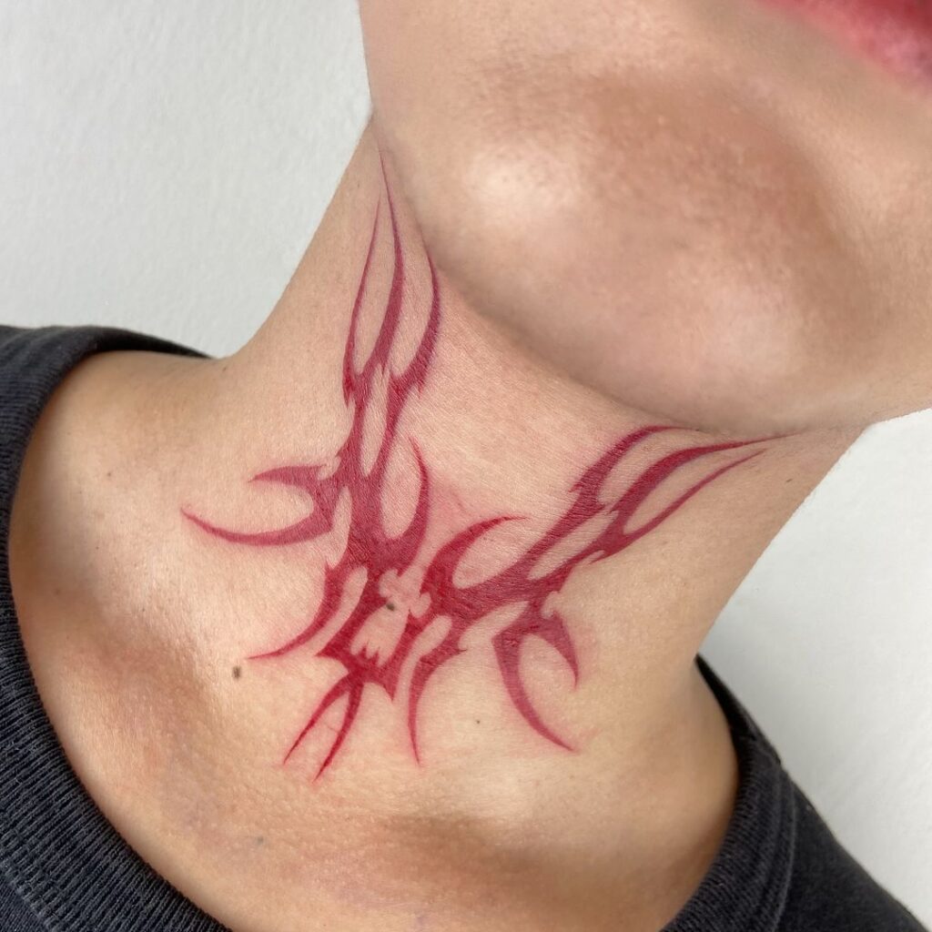 Neo Tribal Neck Tattoo In Red Ink