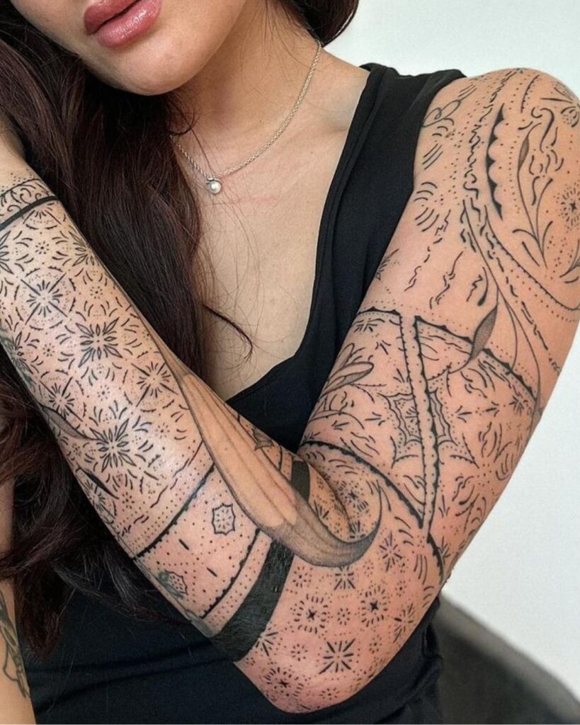 Ornamental Fine Line Sleeve Tattoo