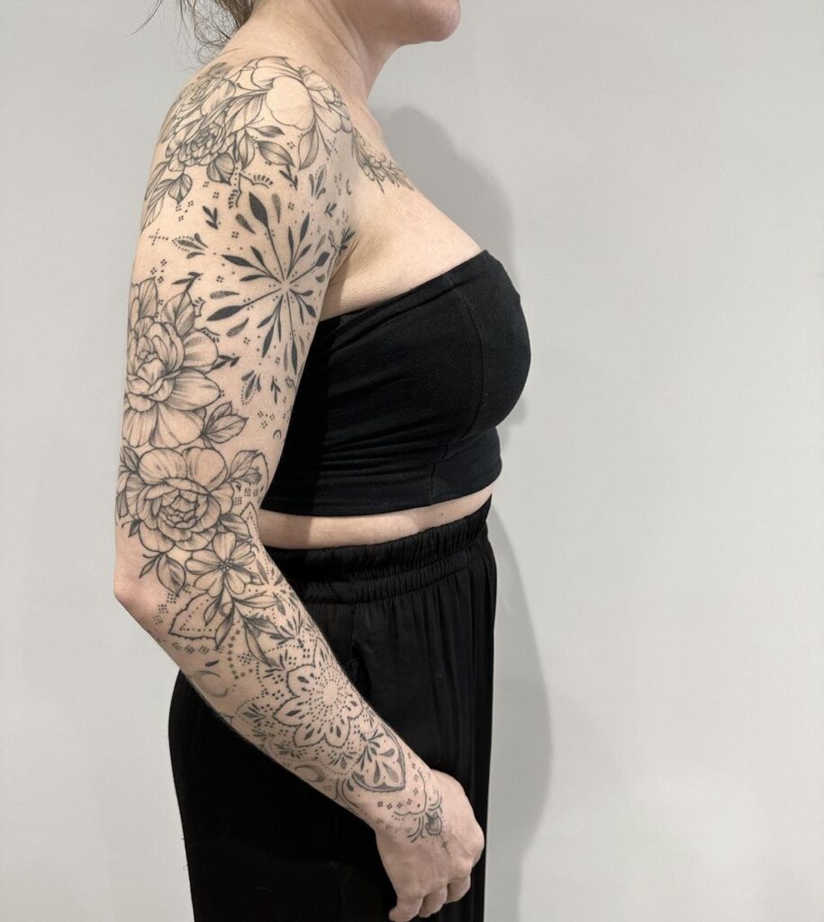 Ornamental Floral Fine Line Sleeve Tattoo