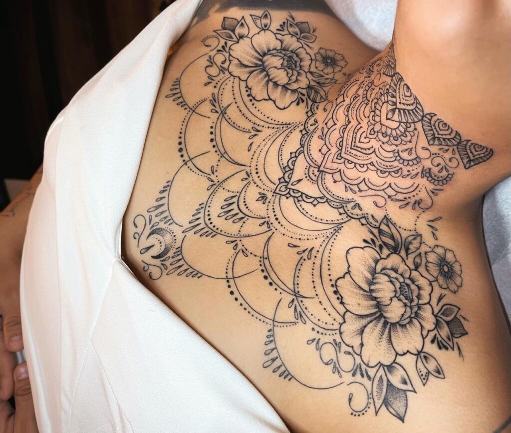 Ornamentals And Flowers Chest & Neck Tattoo