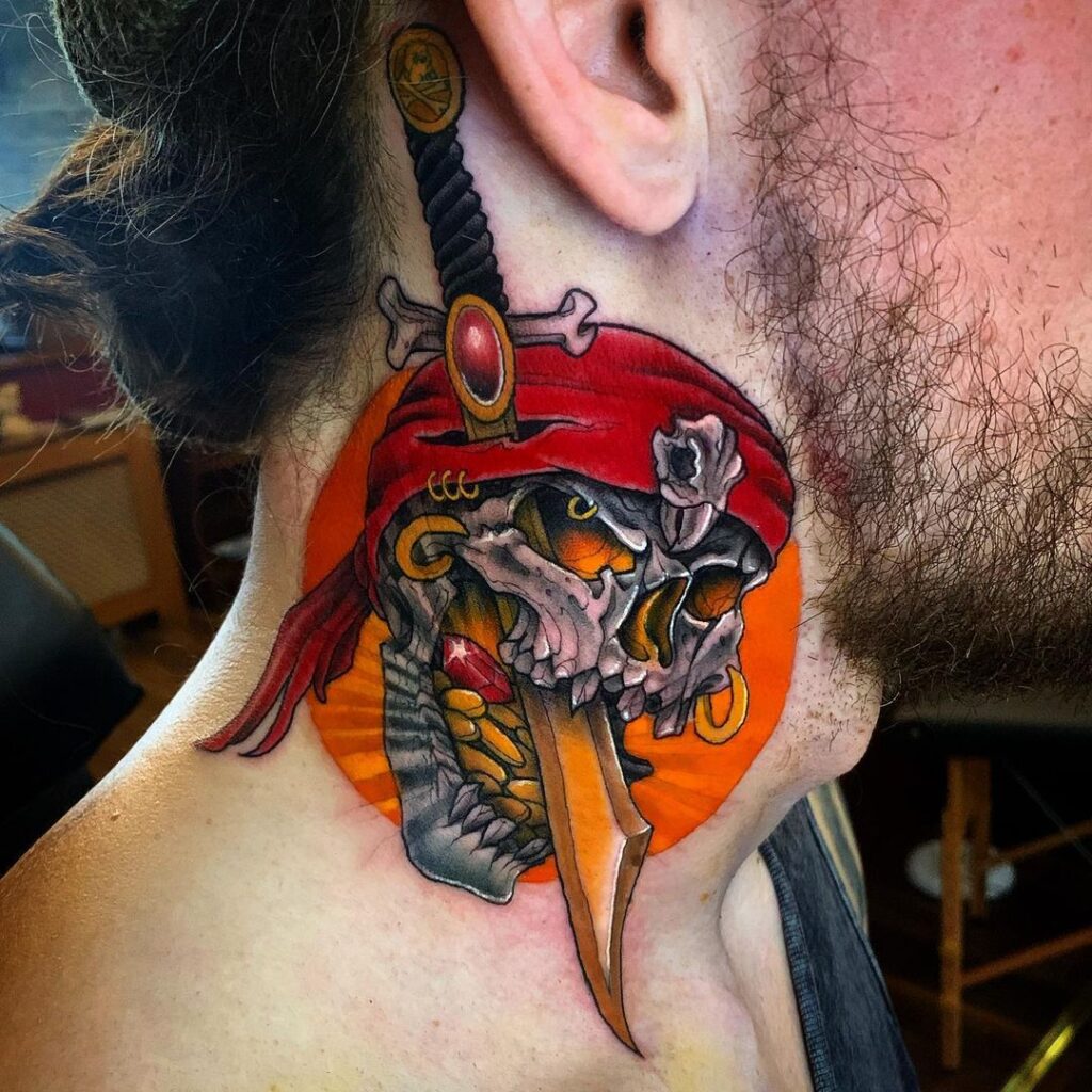 Pirate Skull Neck Tattoo