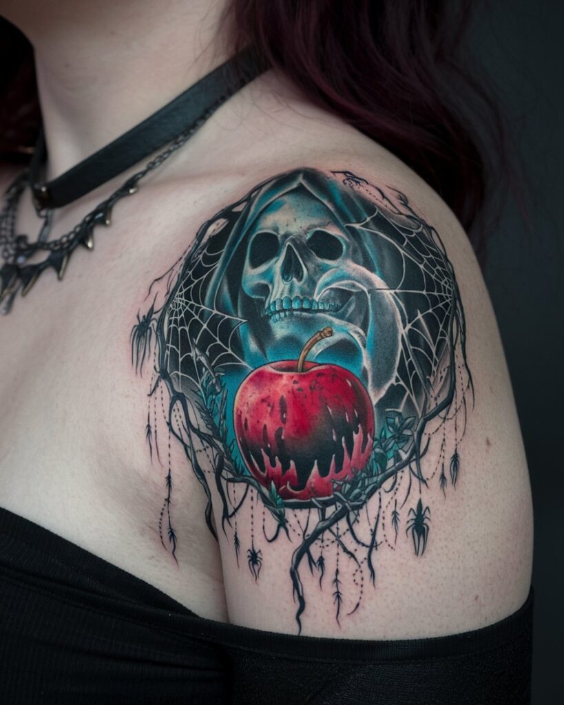 Tatuaje de manzana envenenada y reina malvada