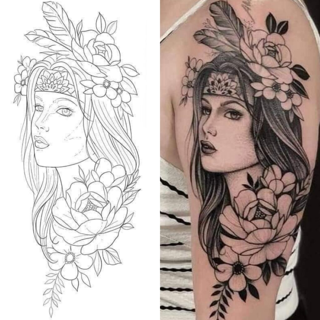 Tatuagem de retrato com flores em meia-manga