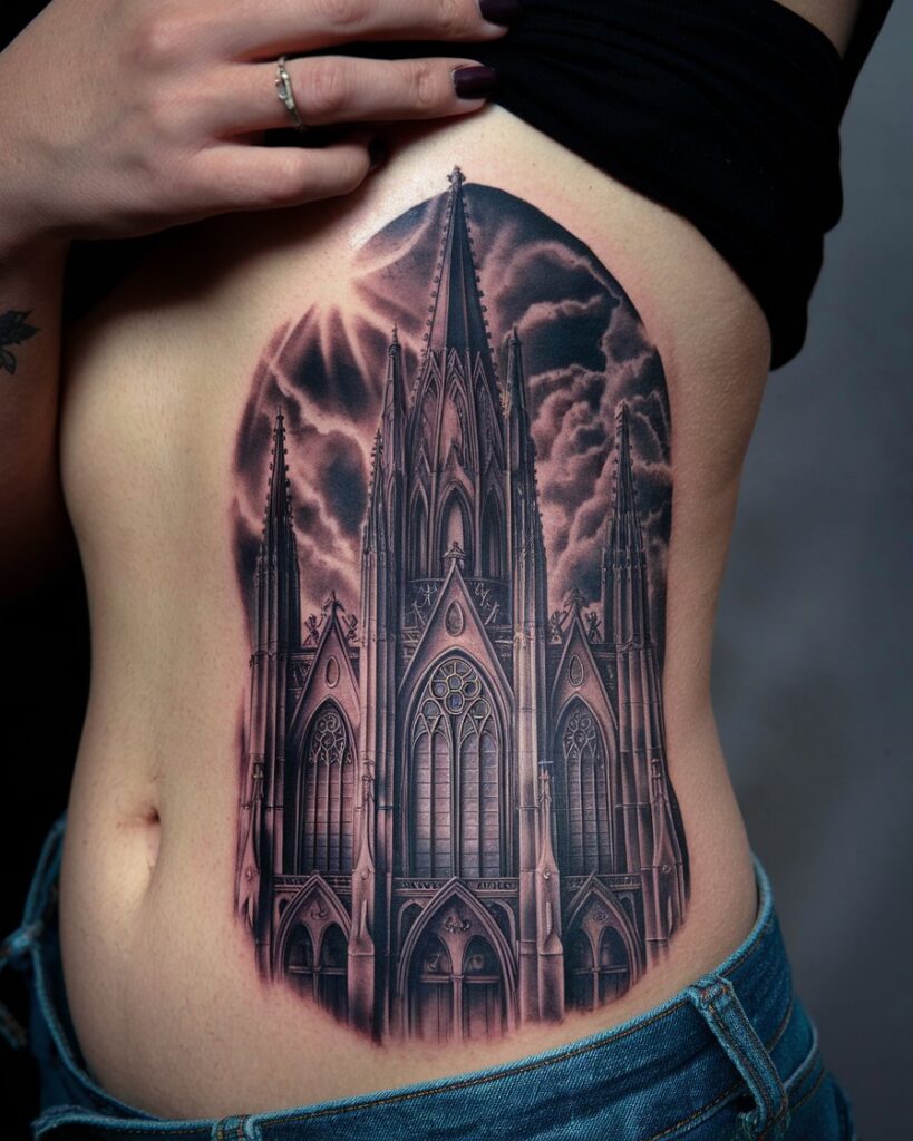 Tatuagem realista de catedral gótica na zona das costelas