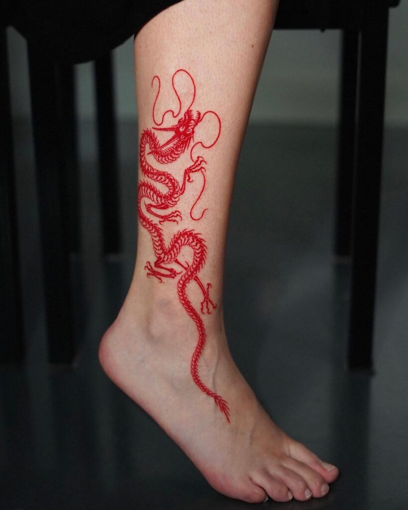 Red Asian Dragon Leg Tattoo