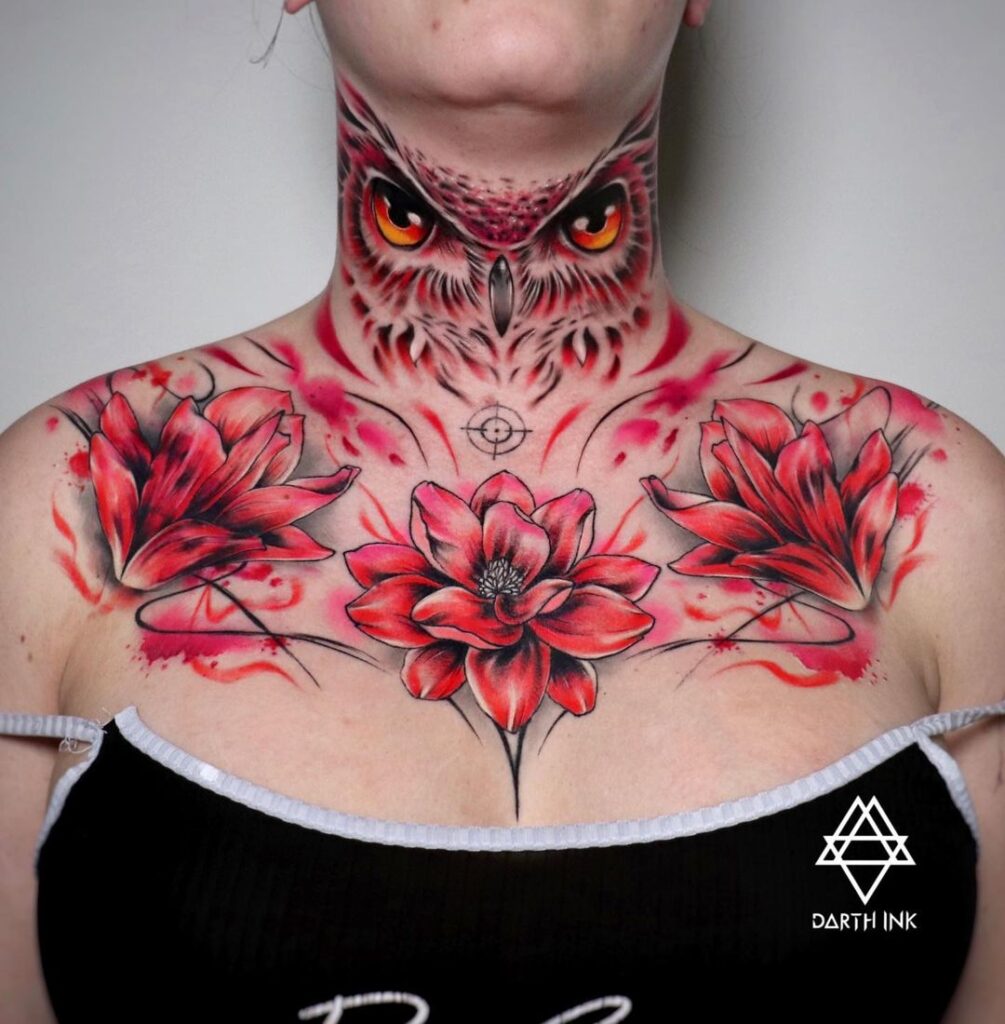 Red Chest And Neck Tattoo