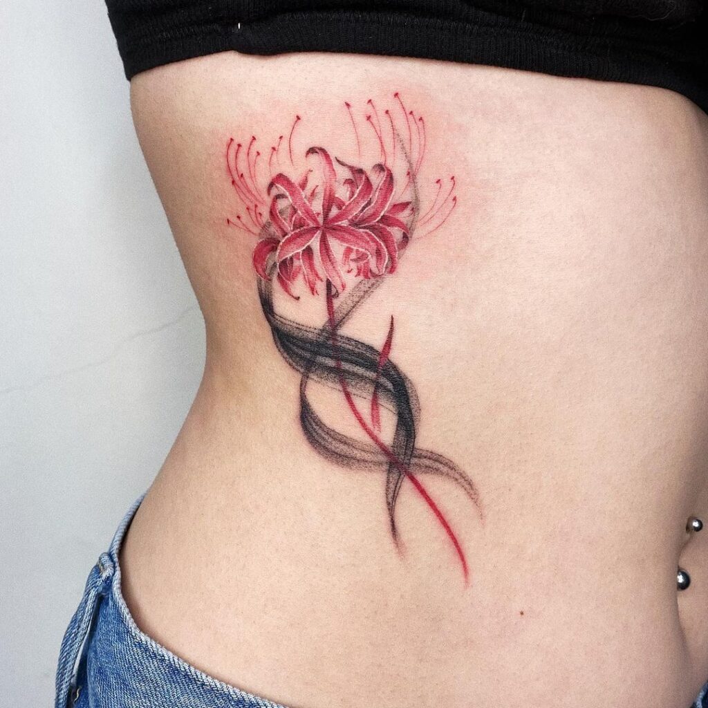 Red Spider Lily Side Stomach Tattoo