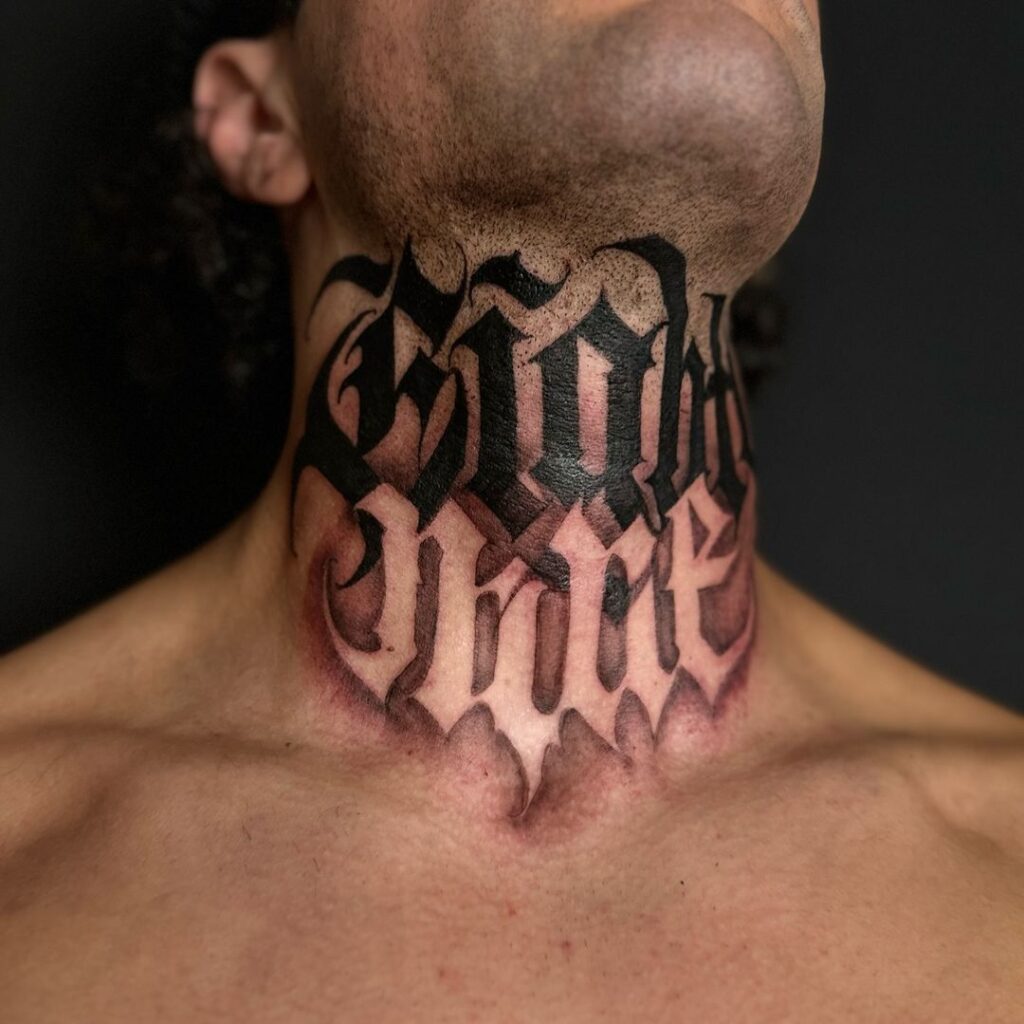 Script Neck And Throat Tattoo