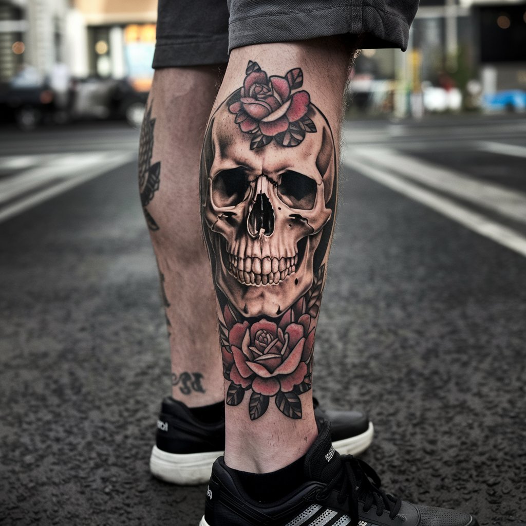 Tatuaje de calavera en la pierna