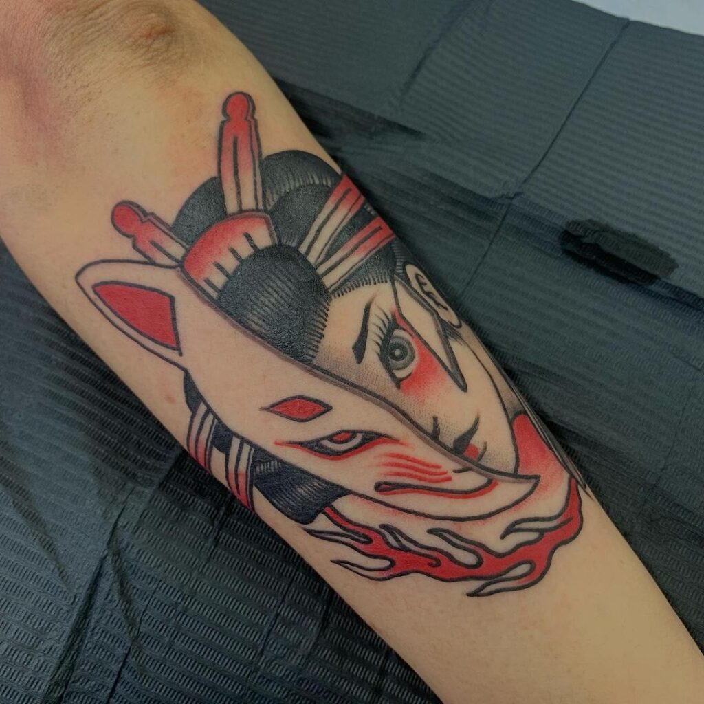 Small Geisha With Kitsune Mask Tattoo