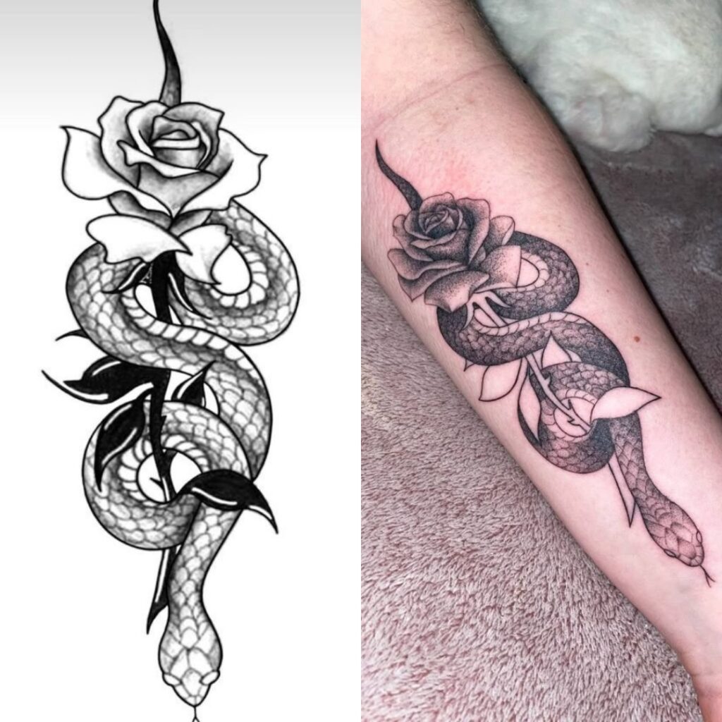 Tatuaggio a mezza manica di serpente e rosa