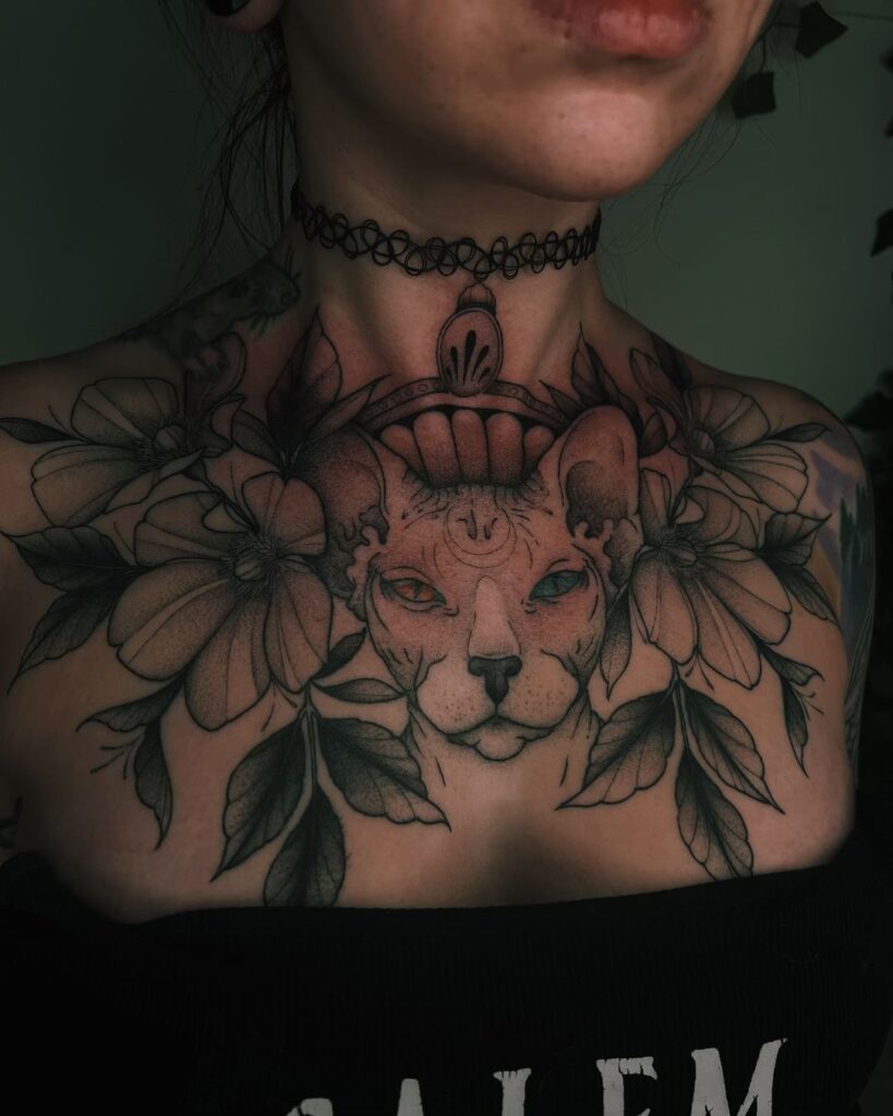 Sphynx & Florals Chest And Neck Tattoo