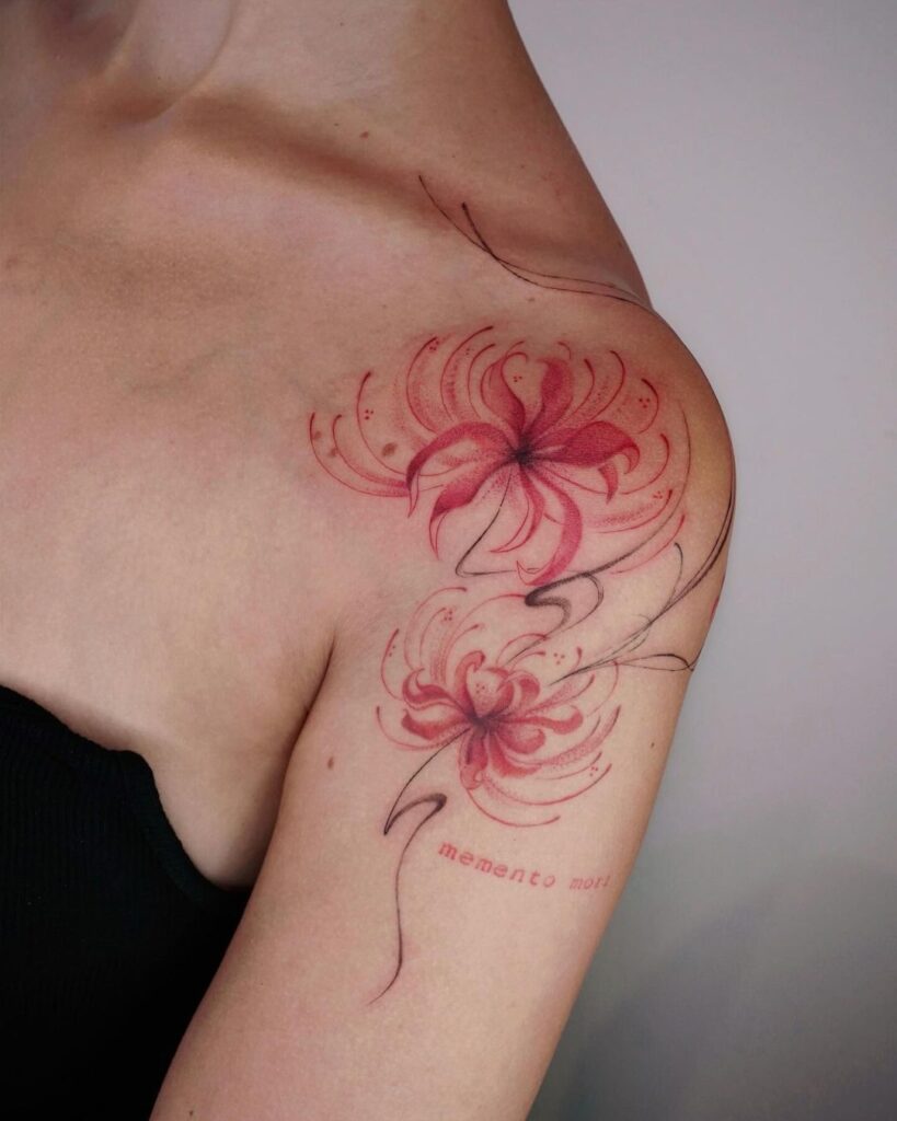  Tatuagem de lírio-aranha com citação