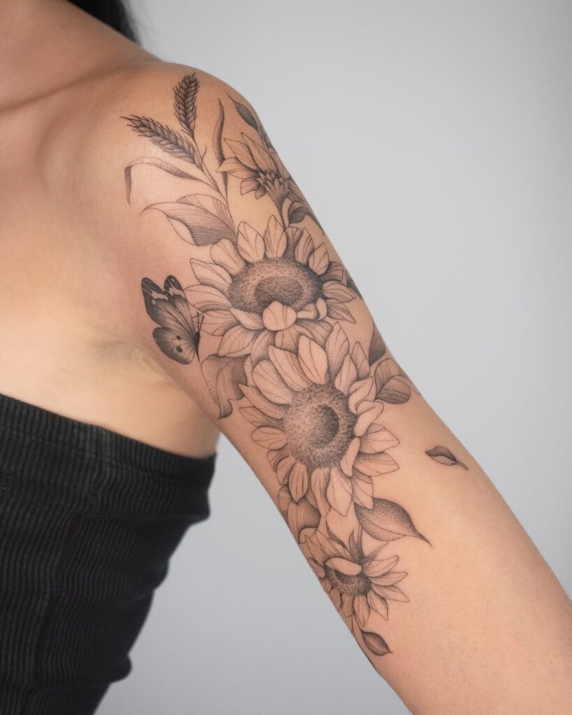 Tatuaggio sottile della manica con girasole