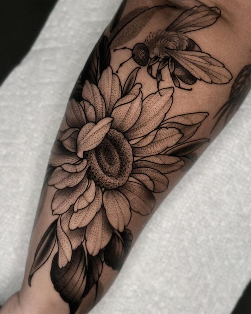 Sunflower And Bee Dotwork Sleeve