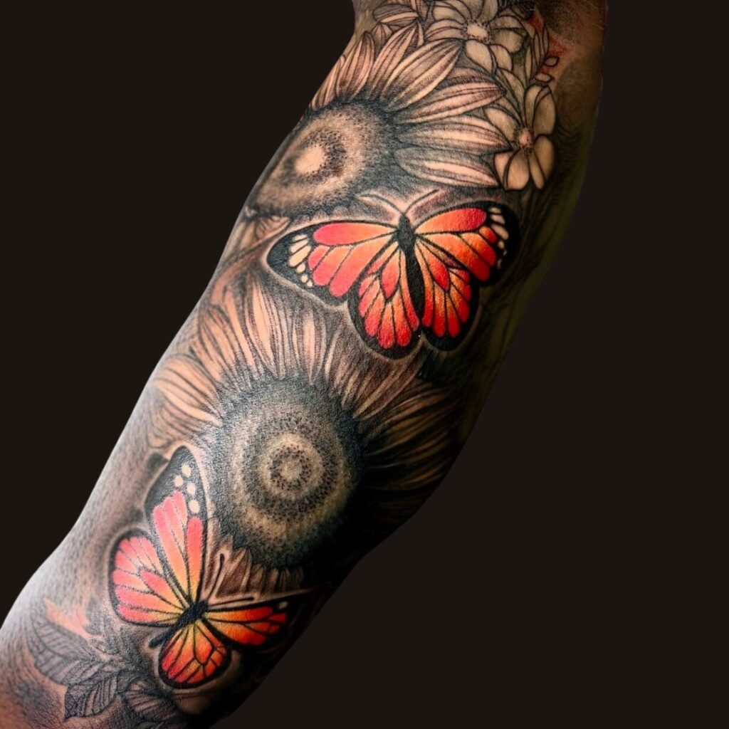 Sunflower And Butterflies Tattoo Sleeve