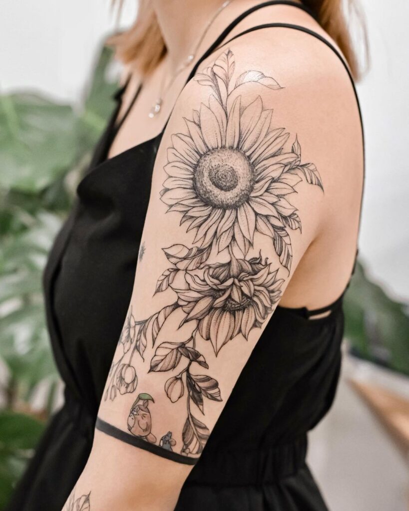 Sunflower And Miyazaki Characters Sleeve Tattoo