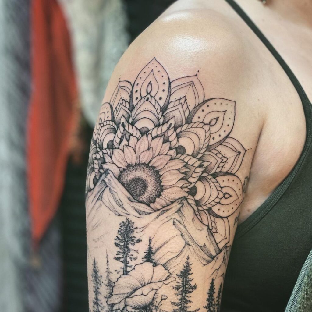 Sunflower And Mountain Landscape Tat Sleeve