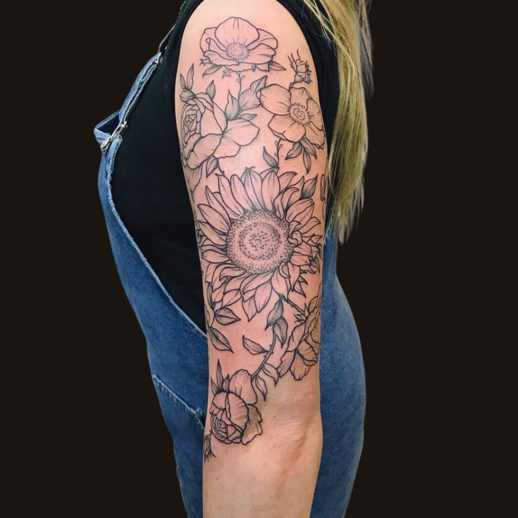 Sunflower And Peonies Tattoo Sleeve