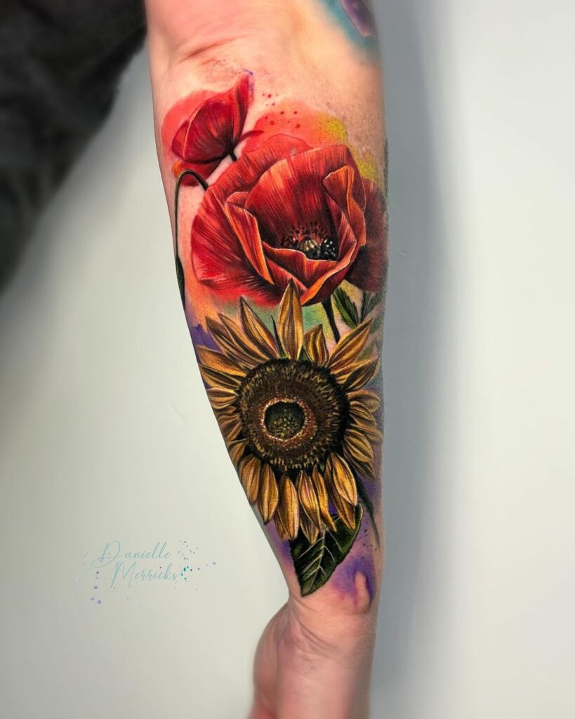 Sunflower And Poppies Sleeve Tattoo