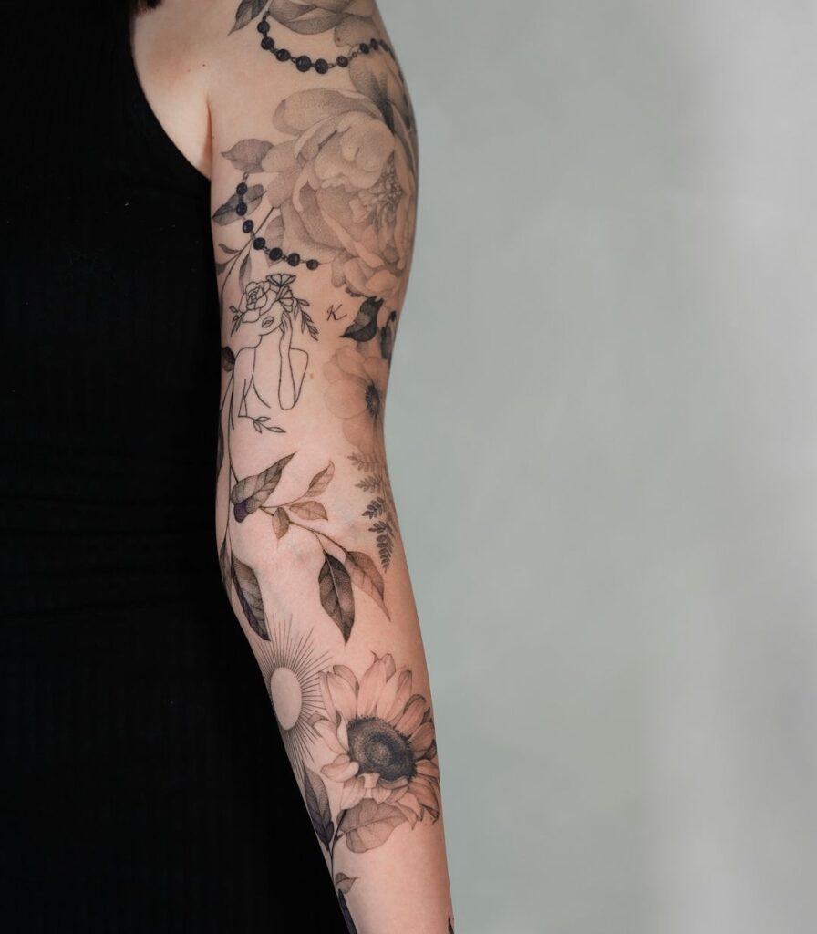 Sunflower, Sun And Flowers Tattoo Sleeve