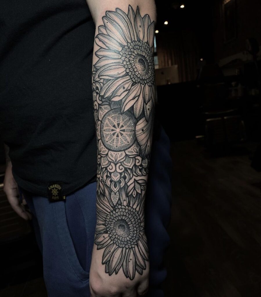 Sunflowers And Mandala Tattoo Sleeve