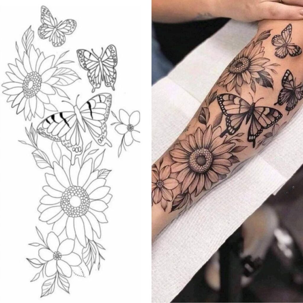 Tatuaje de media manga con girasoles y mariposas